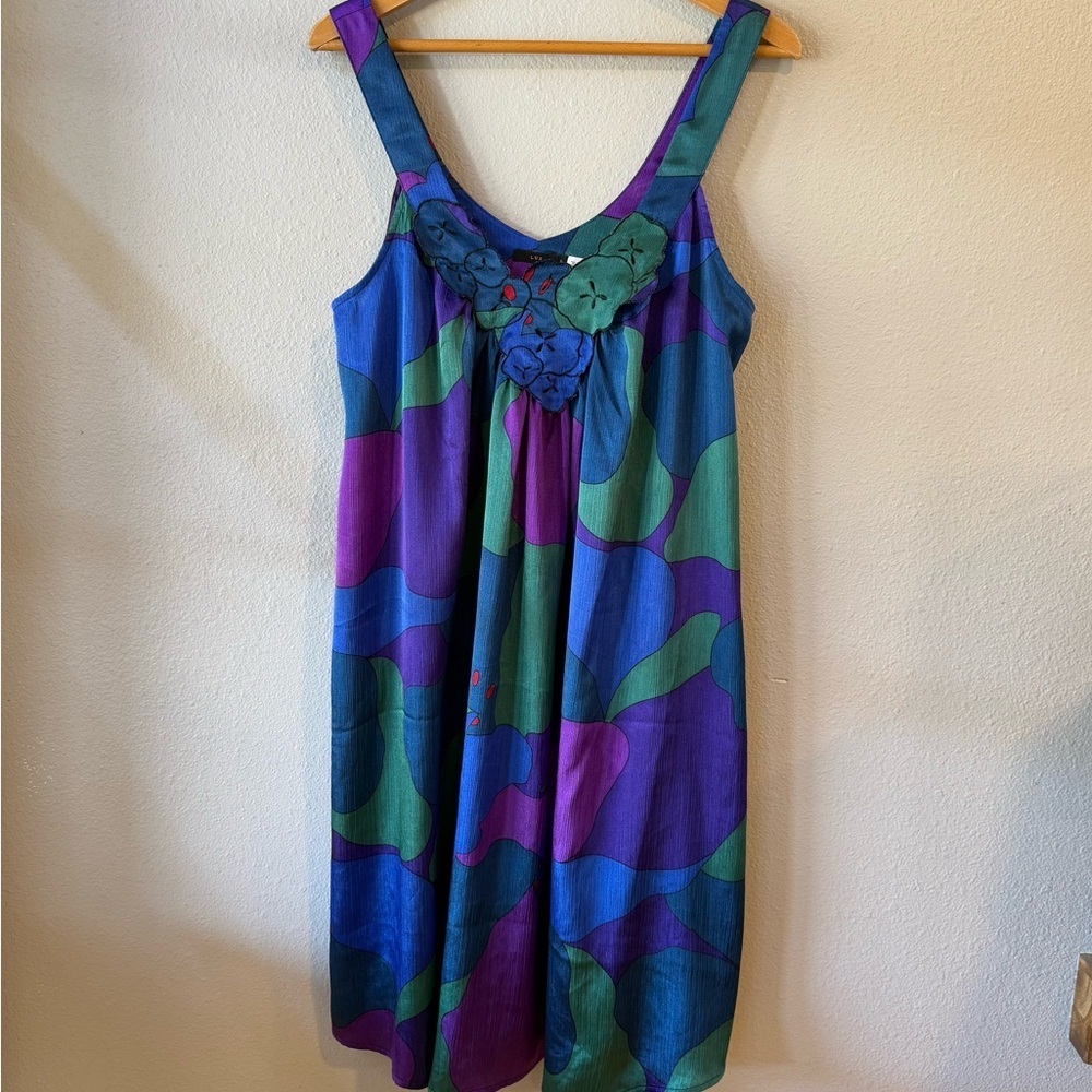 Lux Abstract Floral Applique Mini Dress Women Size‎ Lg Blue Purple Green Boho